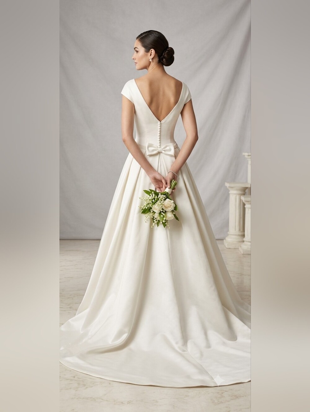 Vintage Satin Ballgown Wedding Dress - Cap Sleeve, Beaded Waist & Train